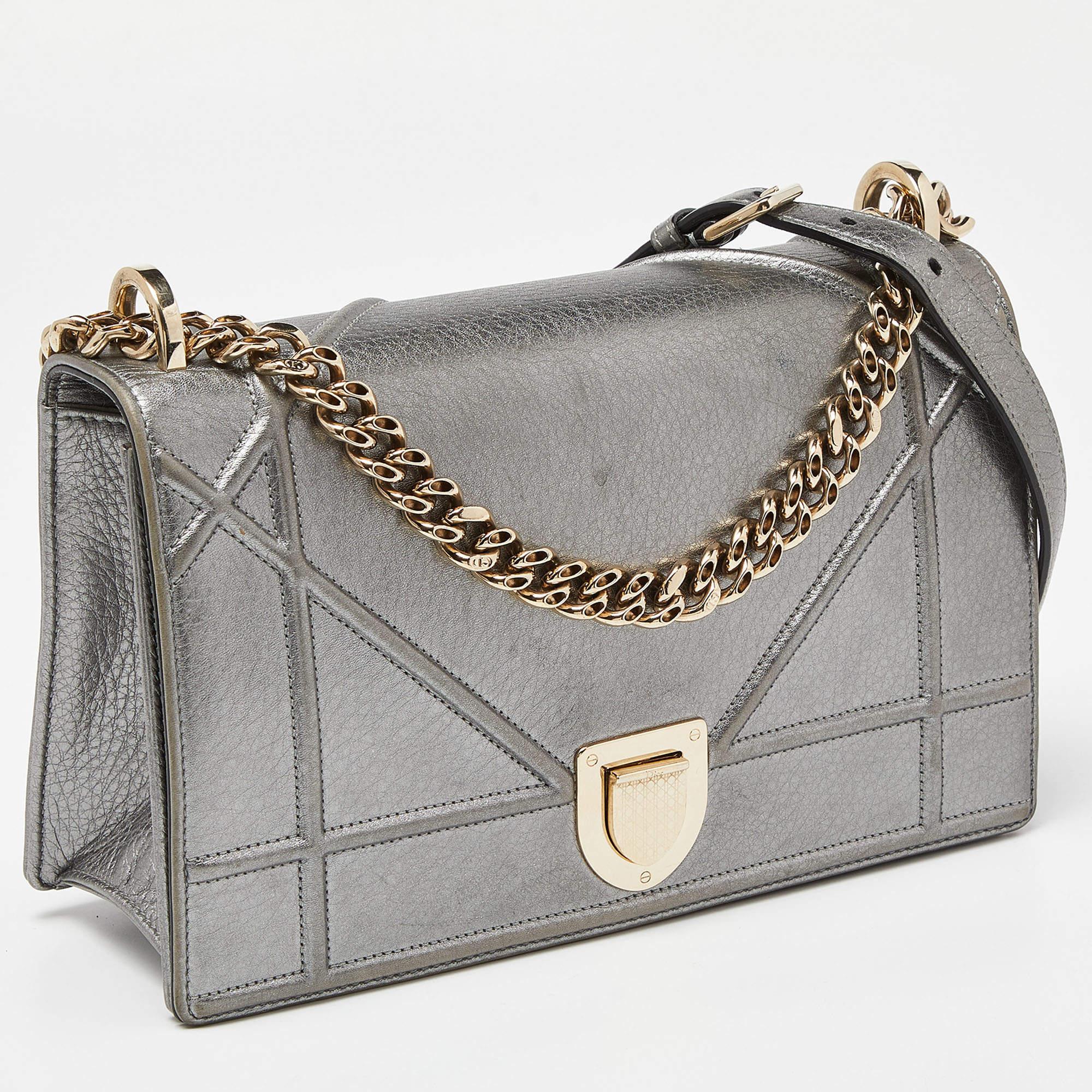 Gray Dior Metallic Leather Medium Diorama Flap Shoulder Bag