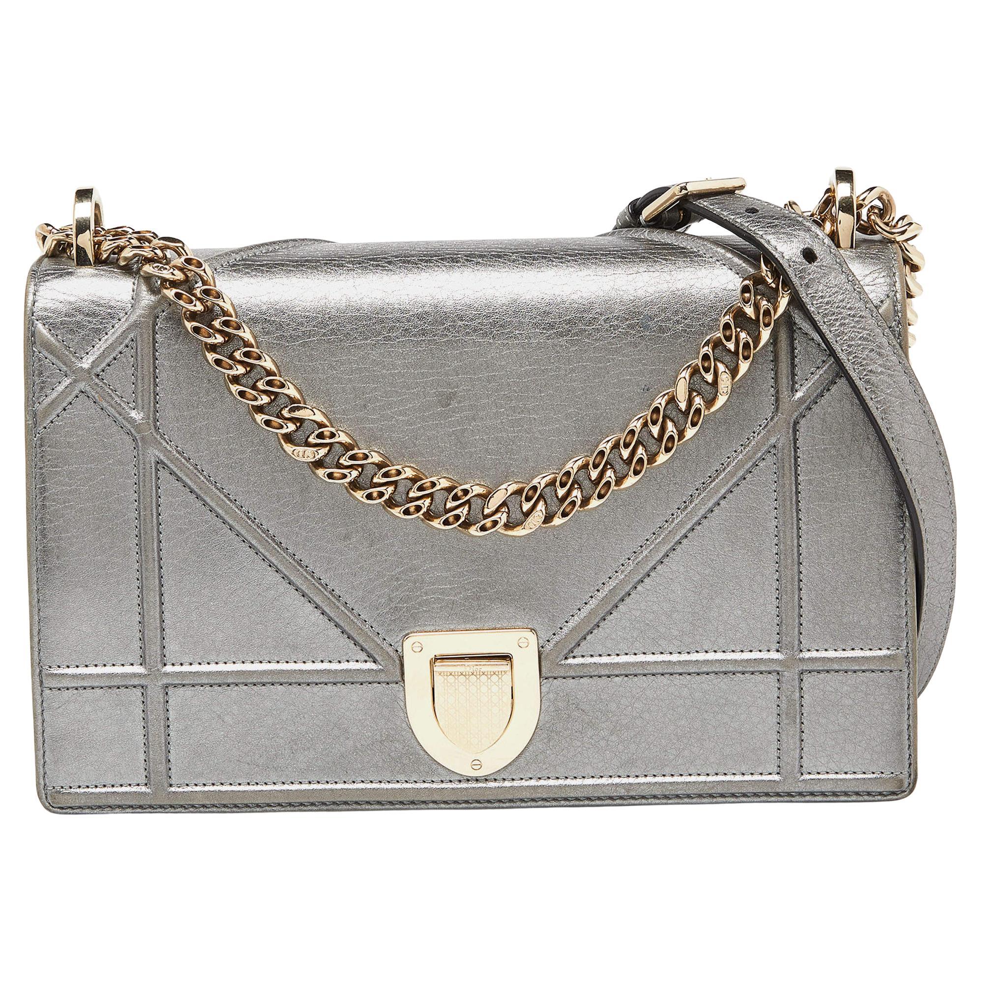 Dior Metallic Leather Medium Diorama Flap Shoulder Bag For Sale