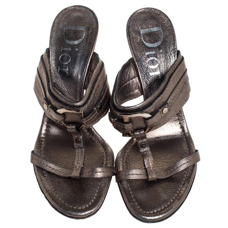 Gray Dior Metallic Leather T Strap Slide Sandals Size 37