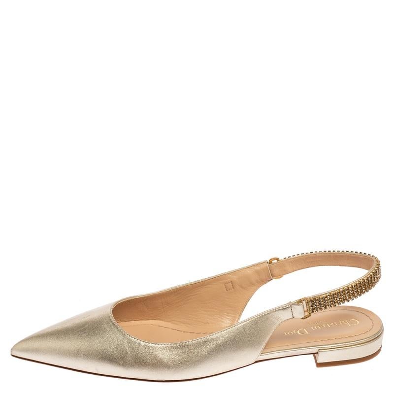 Women's Dior Metallic Light Gold Leather Crystals Embellished Slingback Flats Size 40