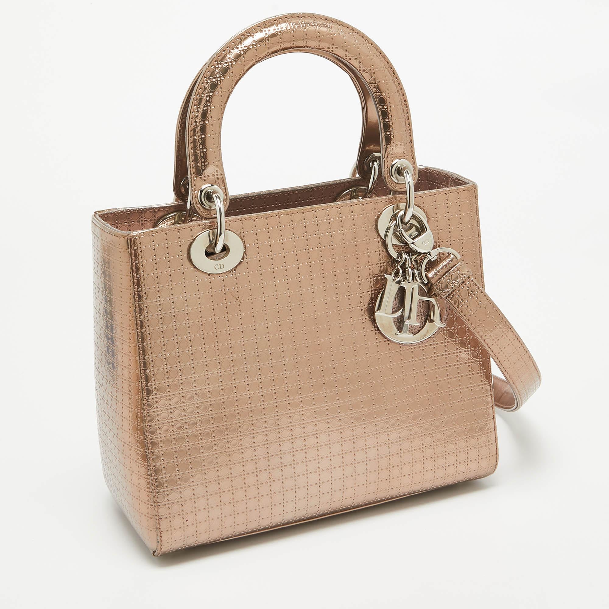 Dior Metallic Microcannage Patent Leather Medium Lady Dior Tote In Good Condition In Dubai, Al Qouz 2
