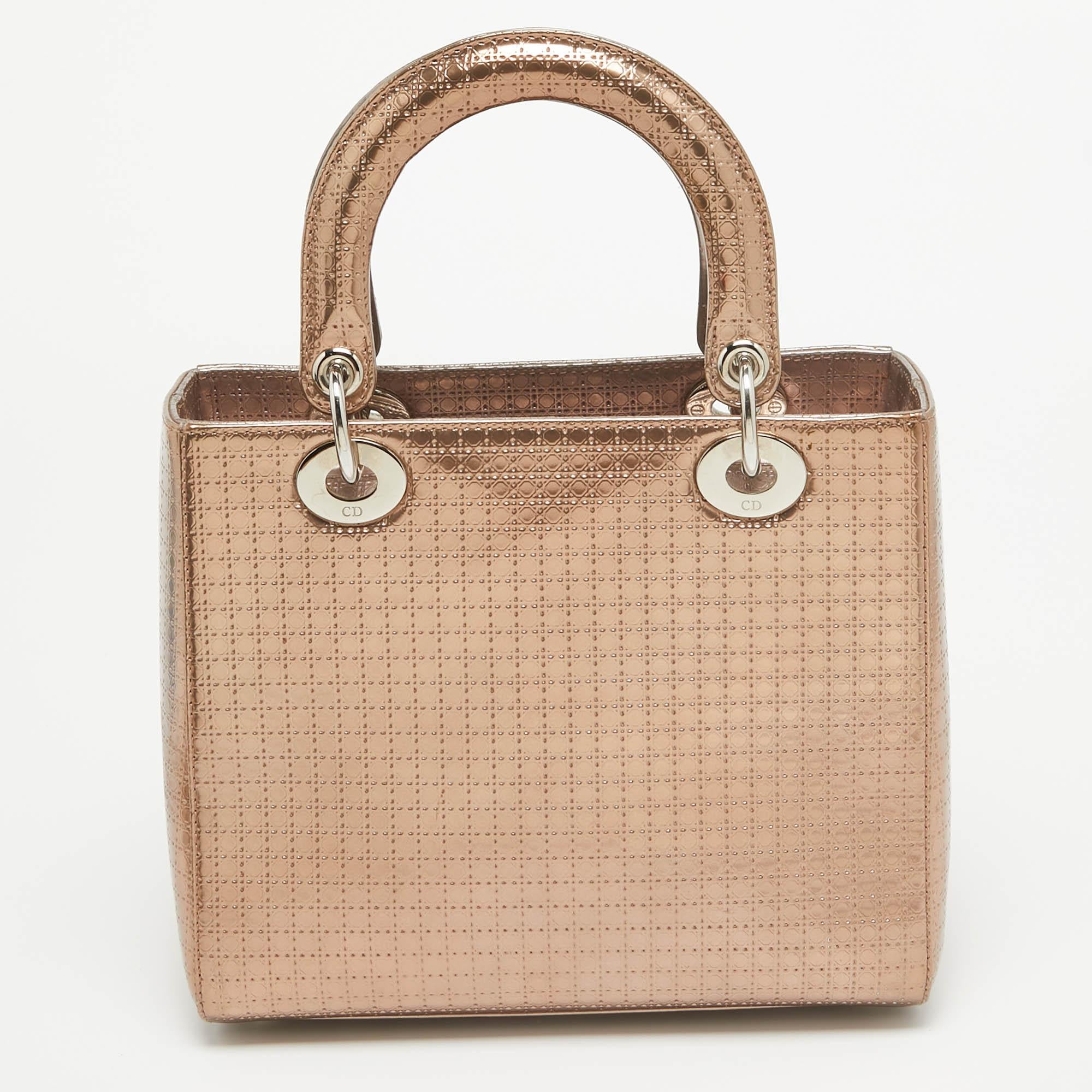 Women's Dior Metallic Microcannage Patent Leather Medium Lady Dior Tote