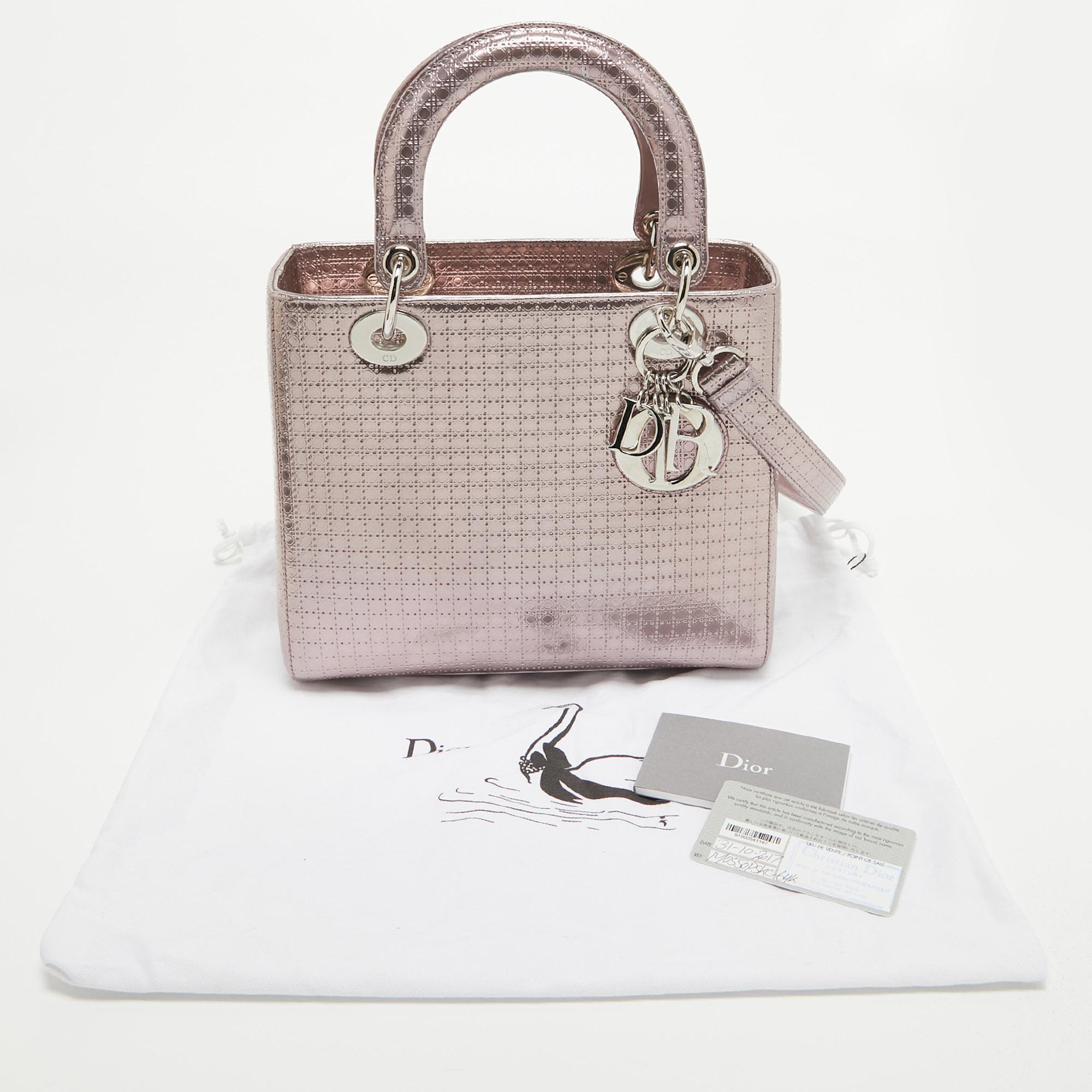 Dior Metallic Pink Micro Cannage Patent Leather Medium Lady Dior Tote 14