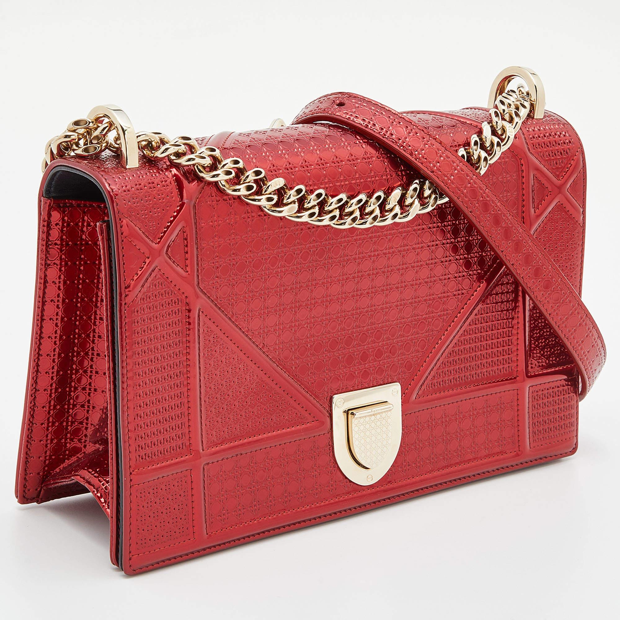 Women's Dior Metallic Red Micro Cannage Patent Leather Medium Diorama Shoulder Bag