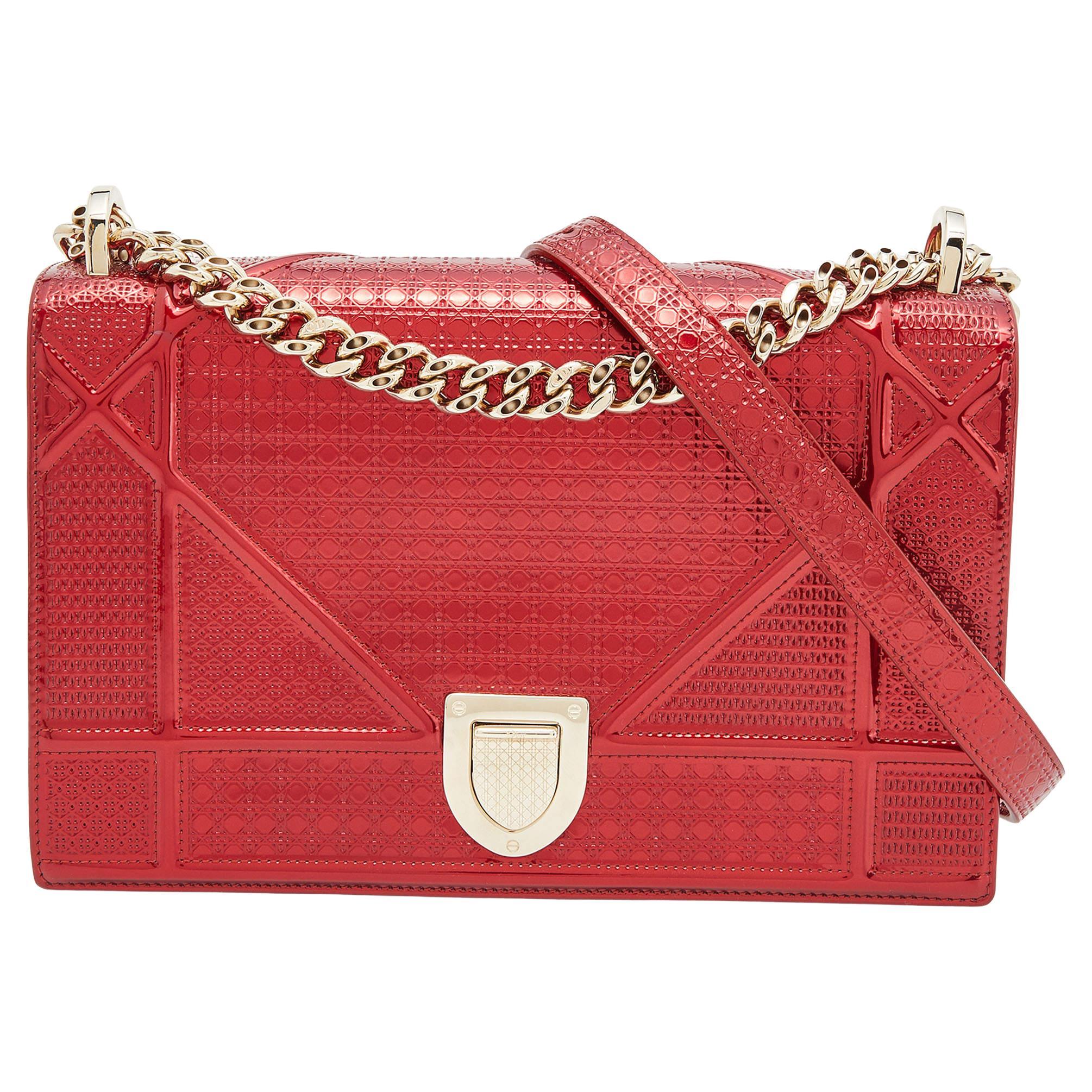 Dior Metallic Red Micro Cannage Patent Leather Medium Diorama Shoulder Bag