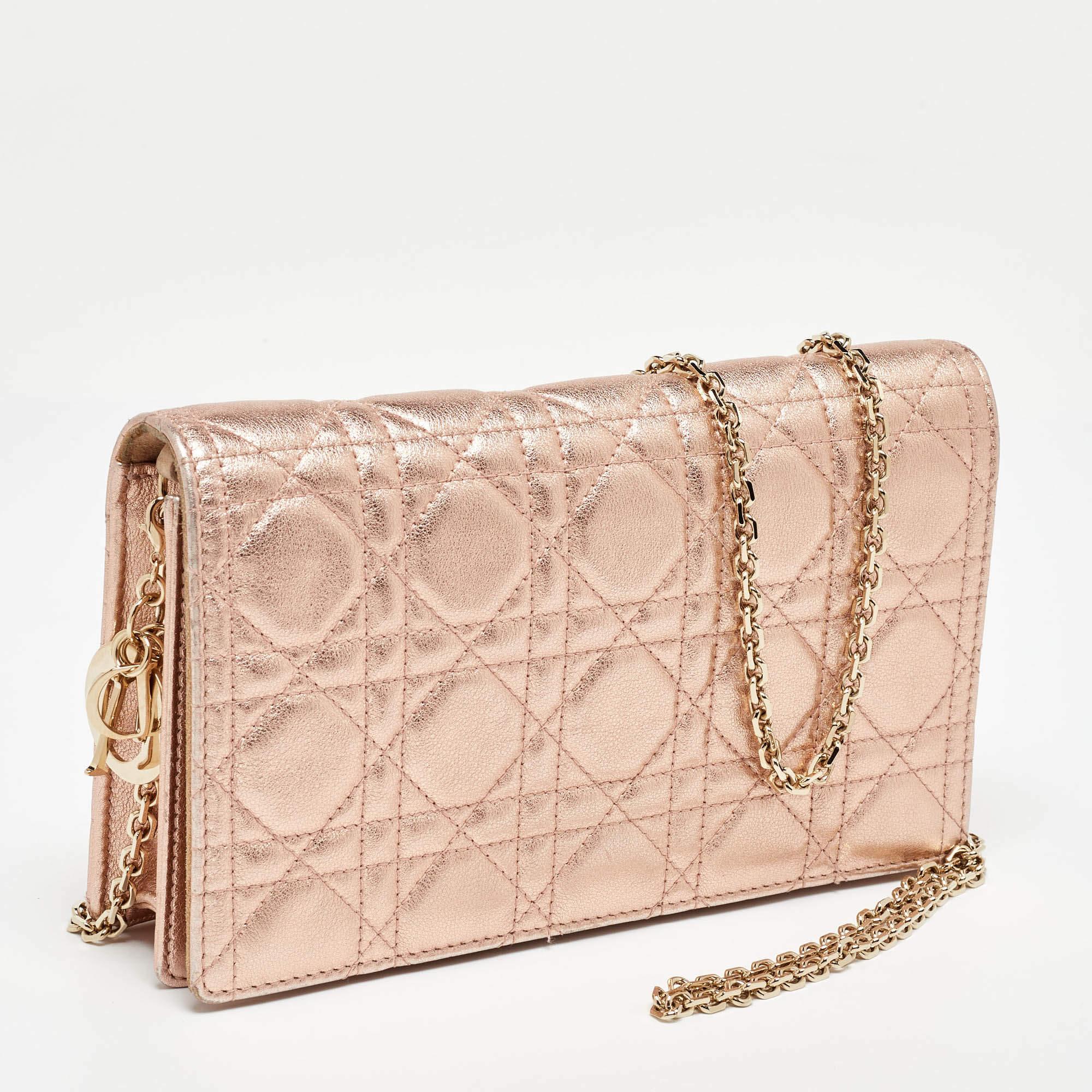 Dior Metallic Rose Gold Cannage Leather Lady Dior Clutch In Good Condition In Dubai, Al Qouz 2