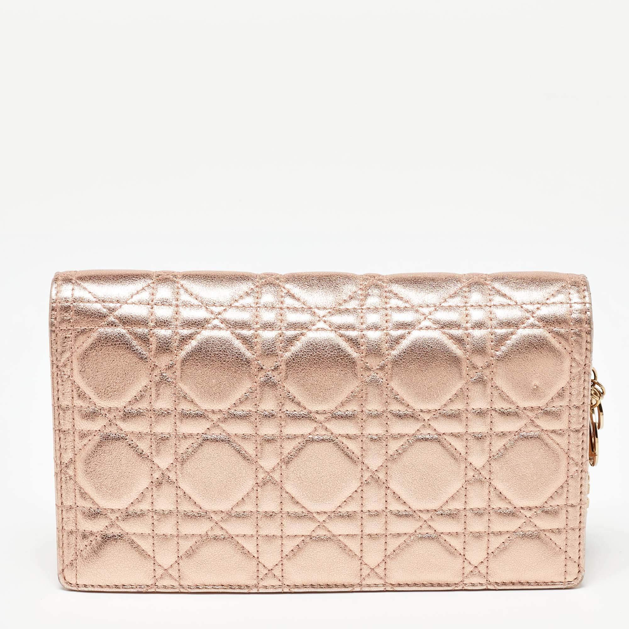 Women's Dior Metallic Rose Gold Cannage Leather Lady Dior Clutch