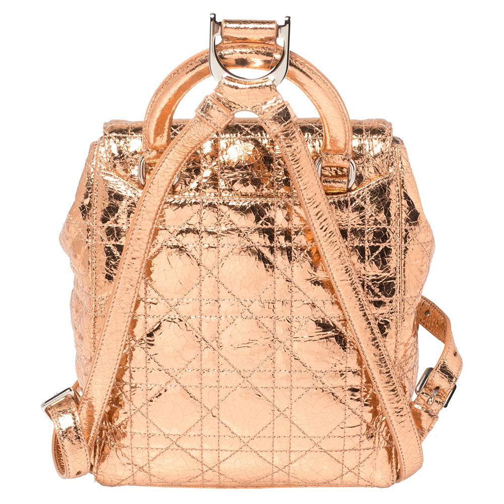 To accompany all your casual outings in the most fashionable way, Dior brings you this Stardust backpack that boasts a fabulous style and outstanding details. It flaunts a metallic rose gold exterior with a front flap carrying the brand label and a