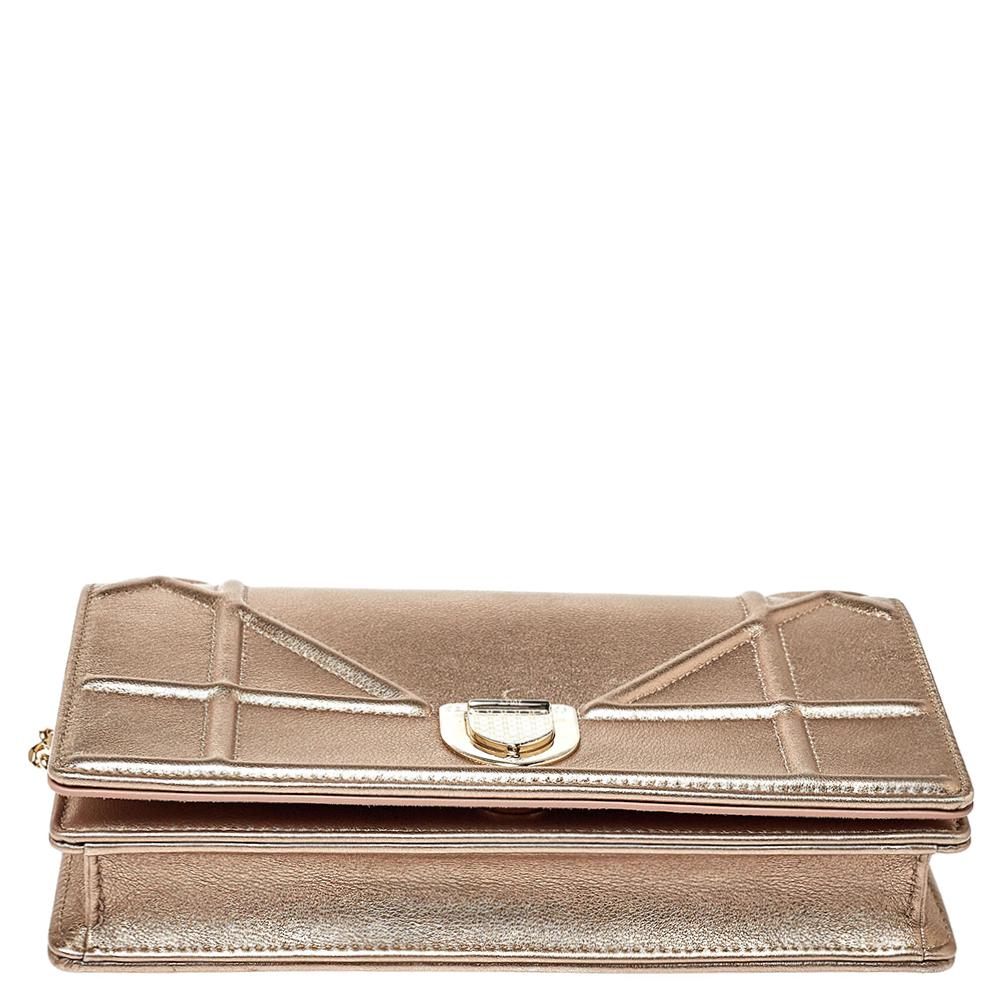 Women's Dior Metallic Rose Gold Leather Diorama Wallet on Chain