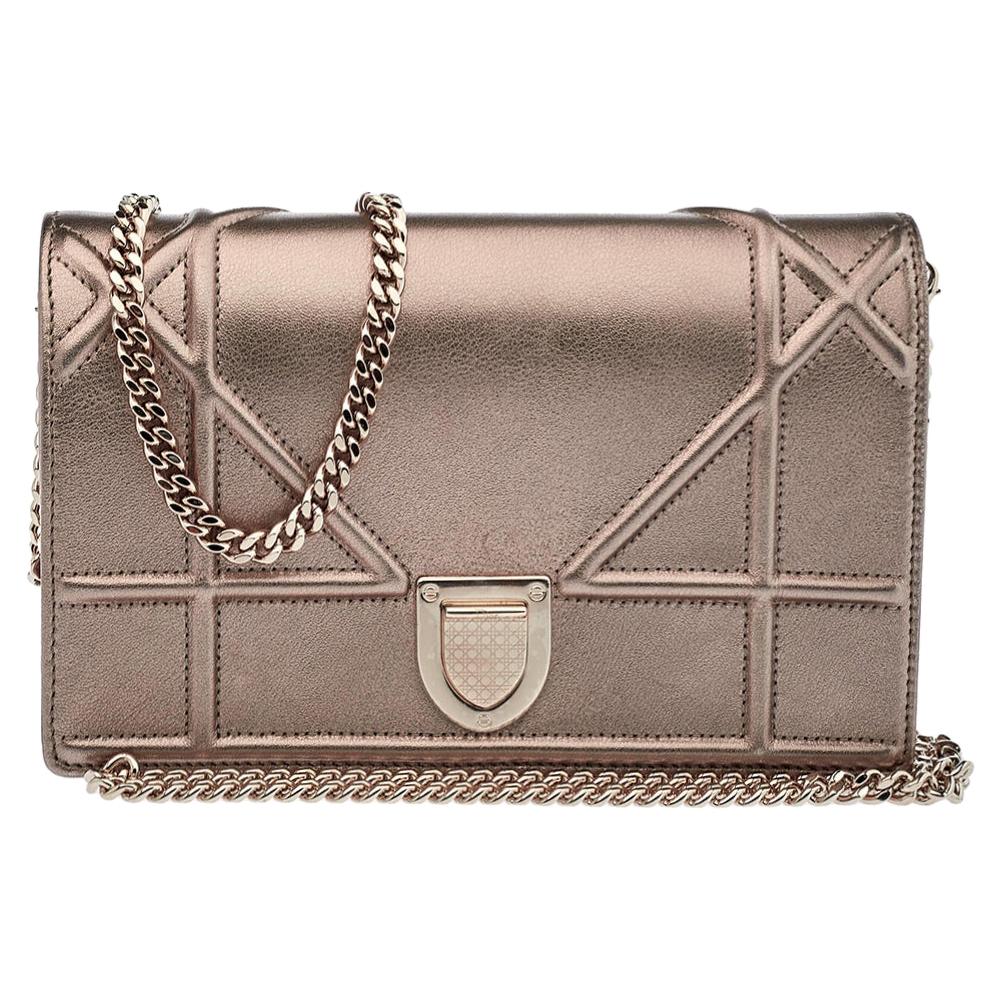 Dior Metallic Rose Gold Leather Diorama Wallet on Chain