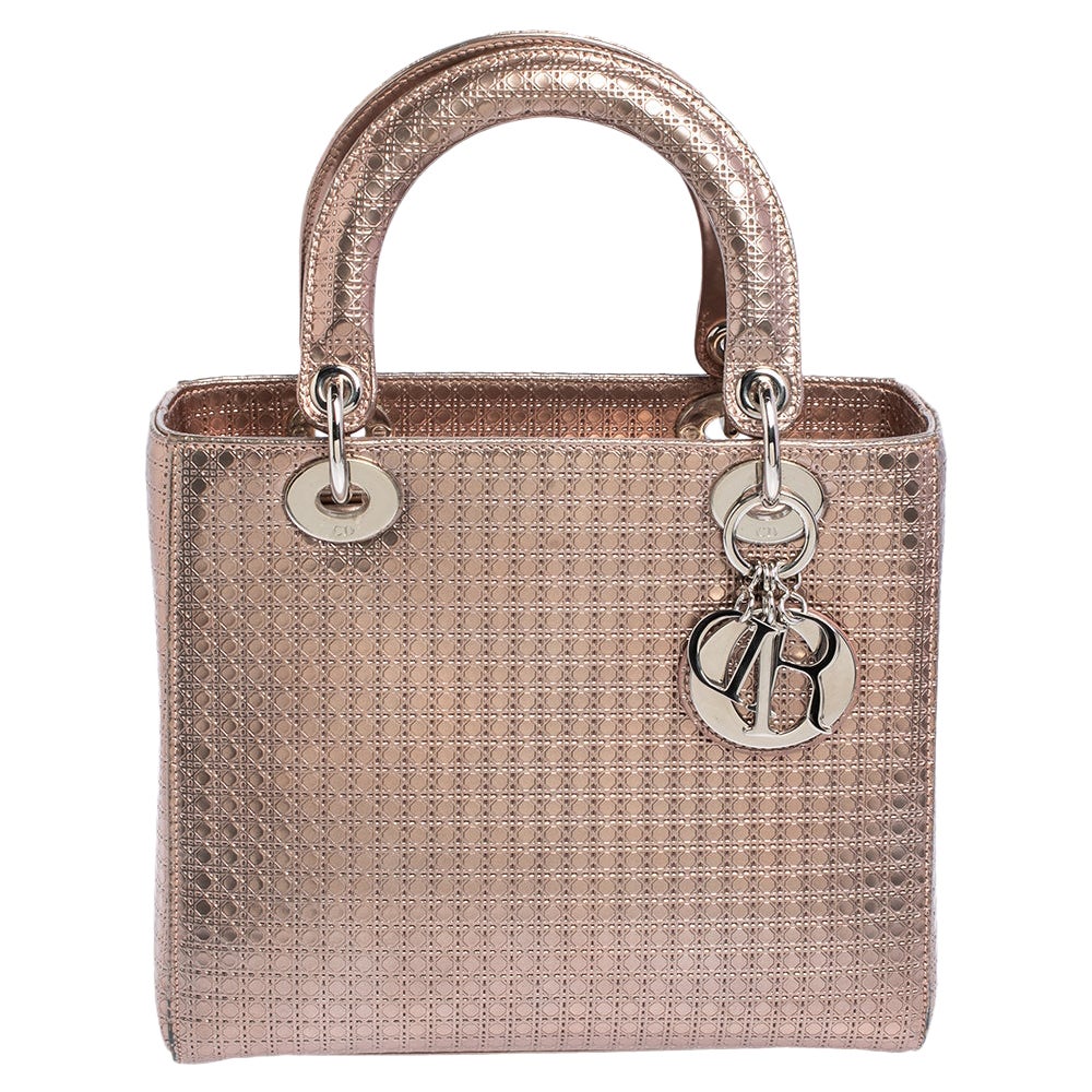 Dior Metallic Rose Gold Micro Cannage Leder Medium Lady Dior Tote