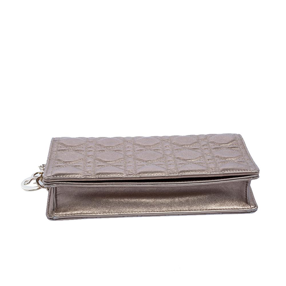 Gray Dior Metallic Rose Gold Quilted Cannage Leather Lady Dior Pouch