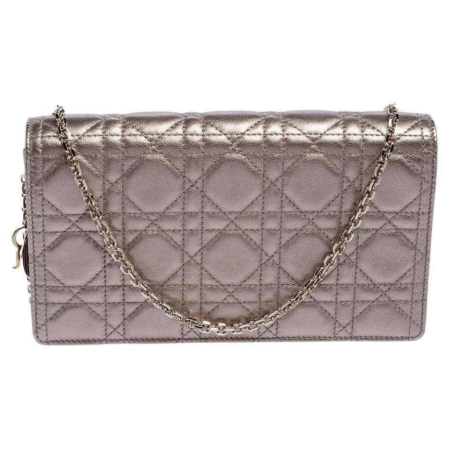 Dior Metallic Rose Gold Quilted Cannage Leather Lady Dior Pouch