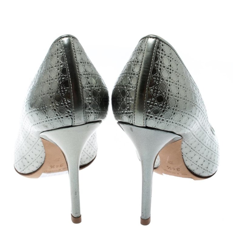Dior Metallic Silver Cannage Leather Cherie Pointed Toe Pumps Size 34.5 ...