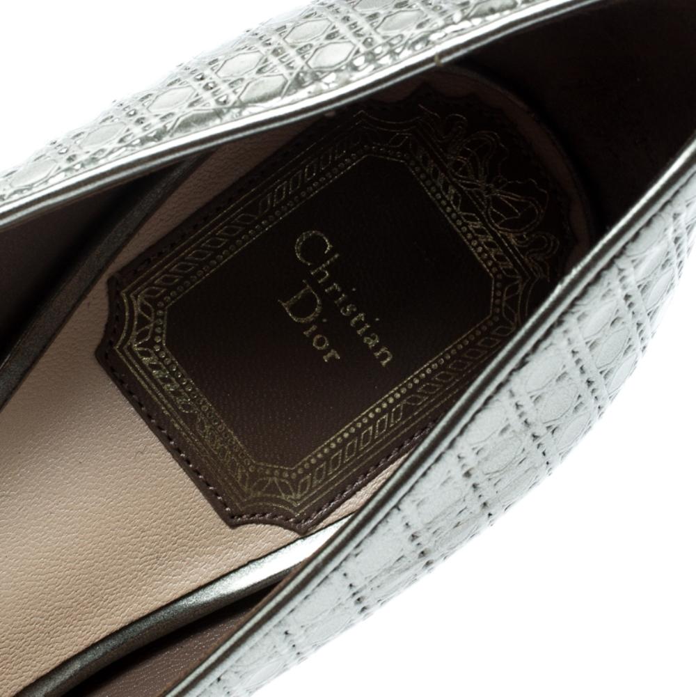 Black Dior Metallic Silver Cannage Leather Cherie Pointed Toe Pumps Size 34.5