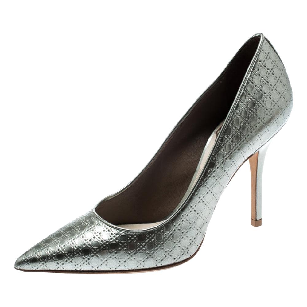 Dior Metallic Silver Cannage Leather Cherie Pointed Toe Pumps Size 34.5