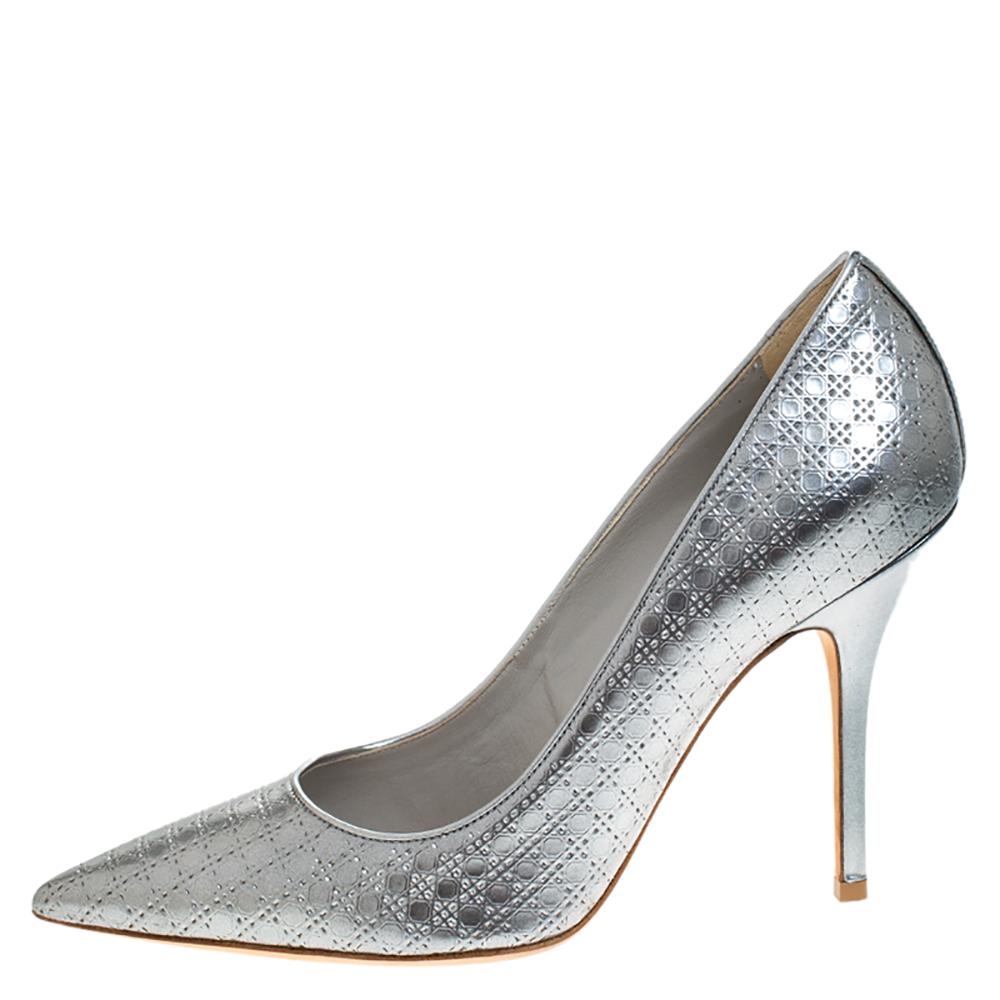 Dior Metallic Silver Cannage Leather Cherie Pointed Toe Pumps Size 38 ...