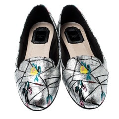 Dior Metallic Silver Floral Brocade Fabric Loafers Size 38.5
