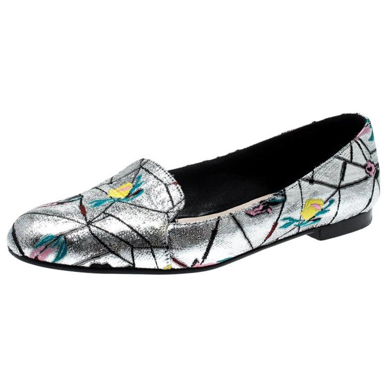 Dior Metallic Silver Floral Brocade Fabric Loafers Size 38.5 at 1stDibs