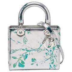 Dior Metallic Silver/Green Printed Leather Medium Lady Dior Tote