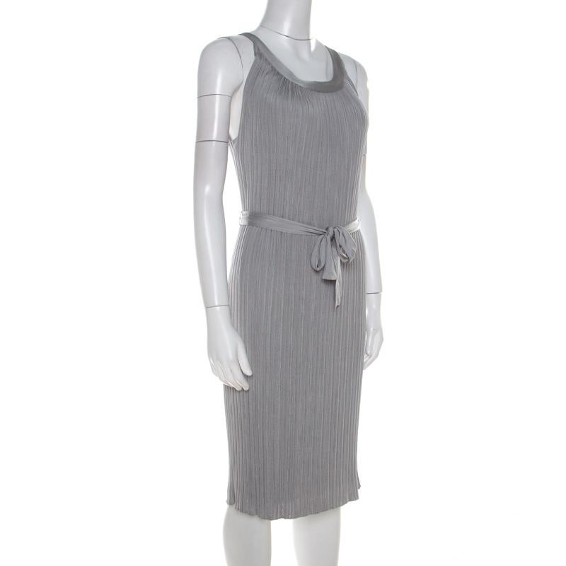 Dior Metallic Silver Lurex Knit Sleeveless Belted Dress M In Good Condition In Dubai, Al Qouz 2