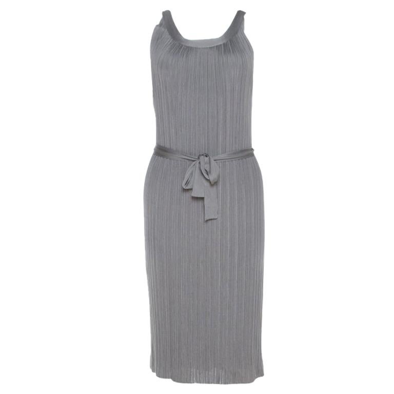 Dior Metallic Silver Lurex Knit Sleeveless Belted Dress M For Sale at ...