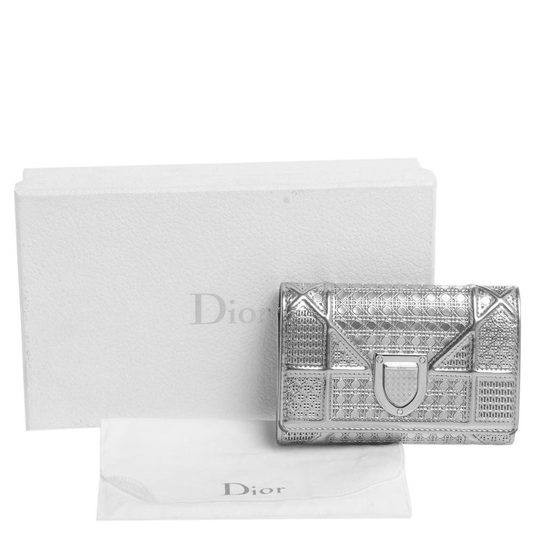 Dior Metallic Silver Micro Cannage Leather Diorama Trifold Wallet at
