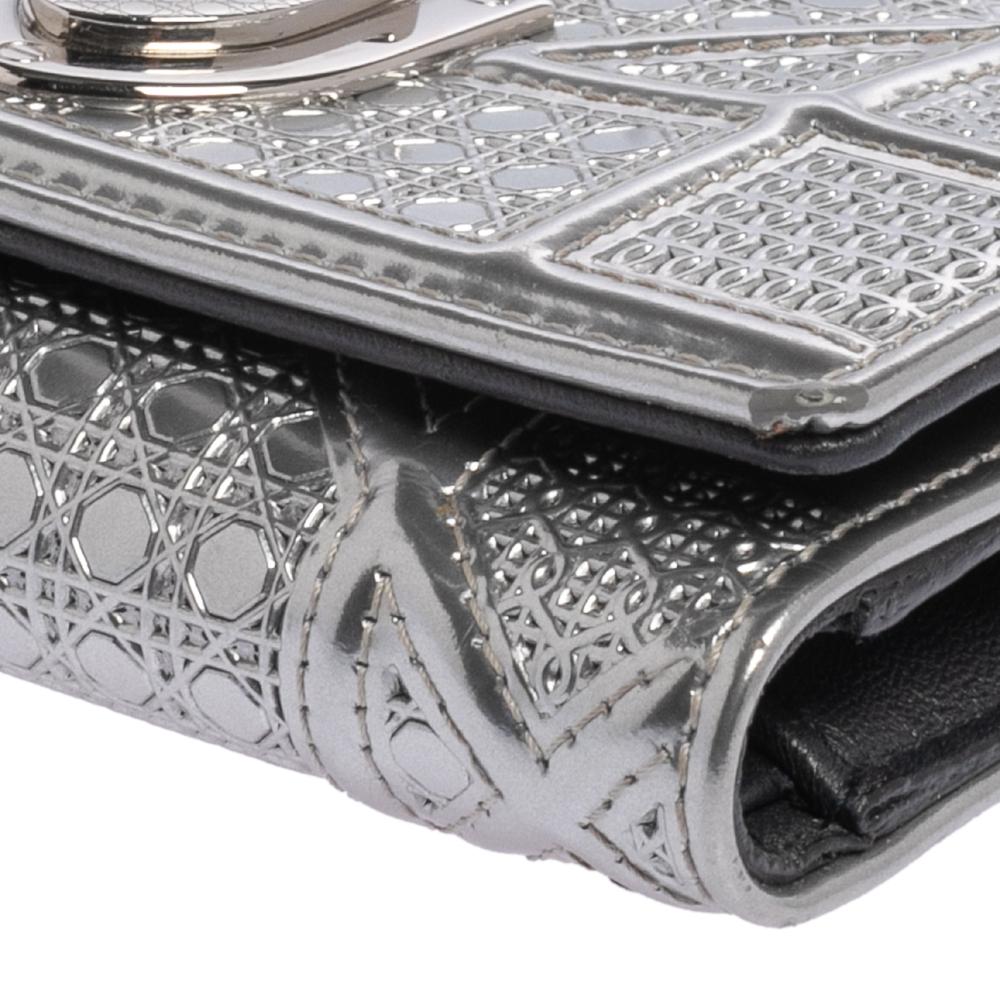 Women's Dior Metallic Silver Micro Cannage Leather Diorama Trifold Wallet