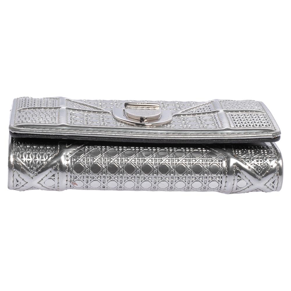 Dior Metallic Silver Micro Cannage Leather Diorama Trifold Wallet 1