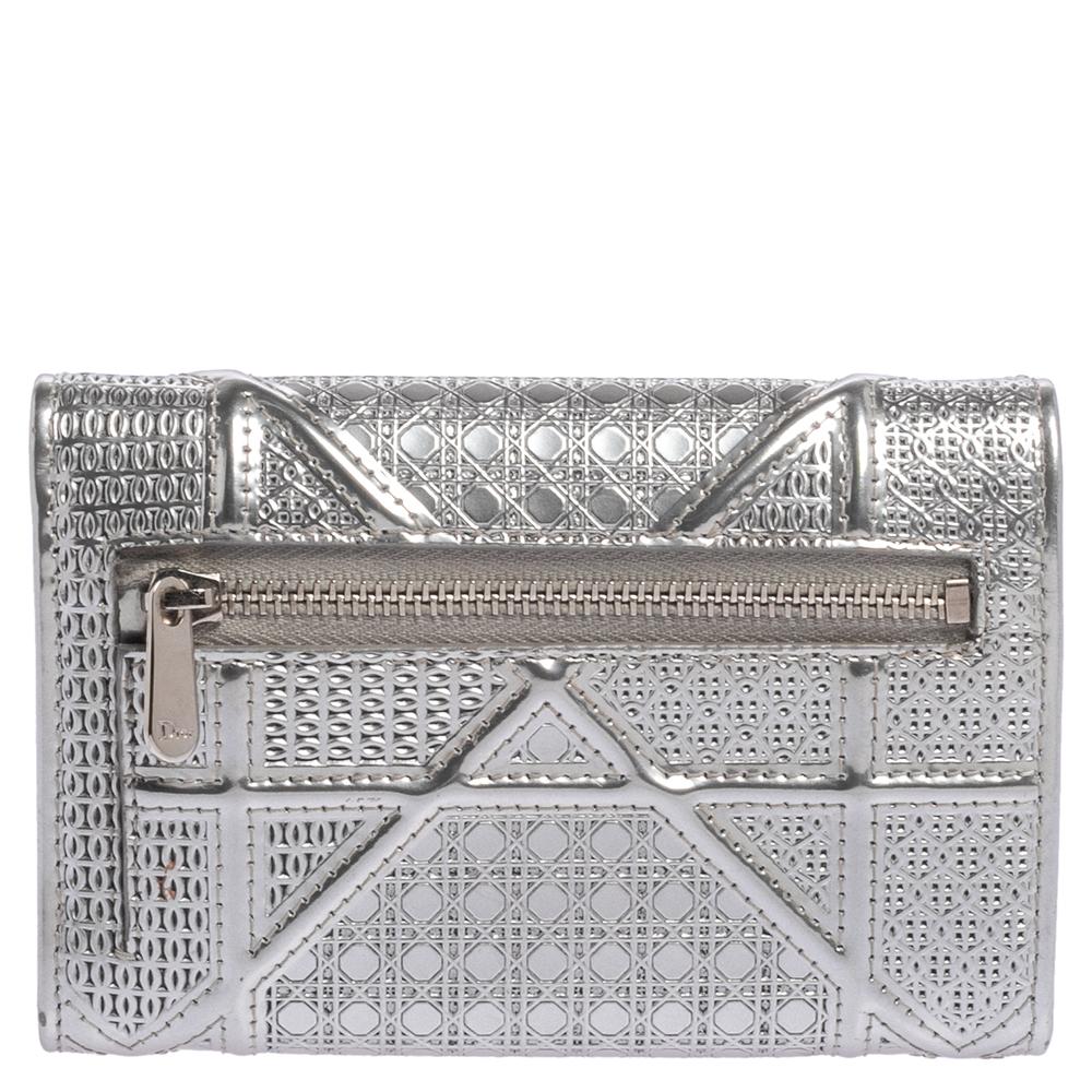 Dior Metallic Silver Micro Cannage Leather Diorama Trifold Wallet 3