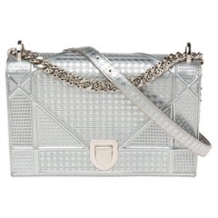 Dior Metallic Silver Micro Cannage Leather Medium Diorama Shoulder Bag