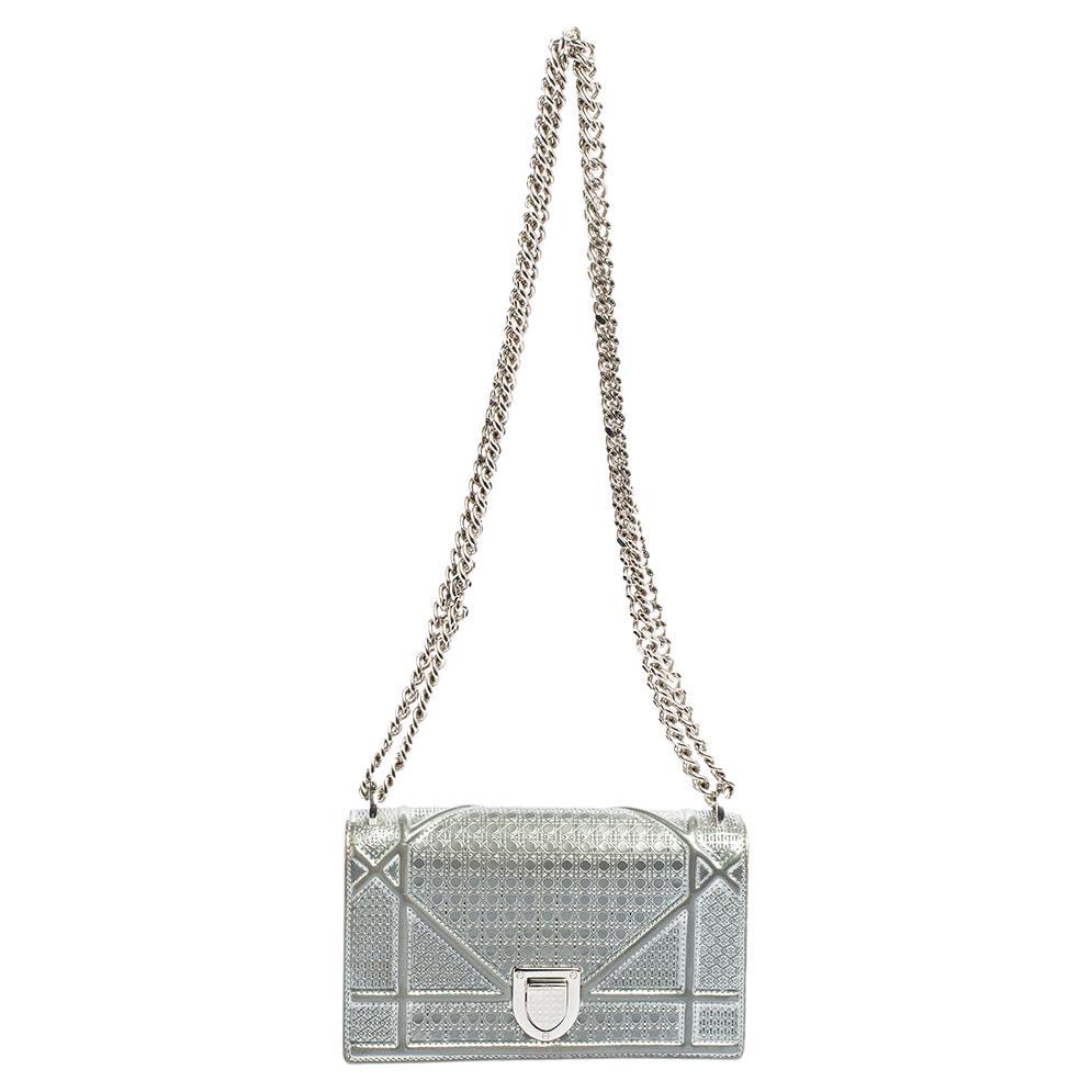 CHRISTIAN DIOR Diorama Authentic Silver Leather Wallet Chain Mini Shoulder  Bag