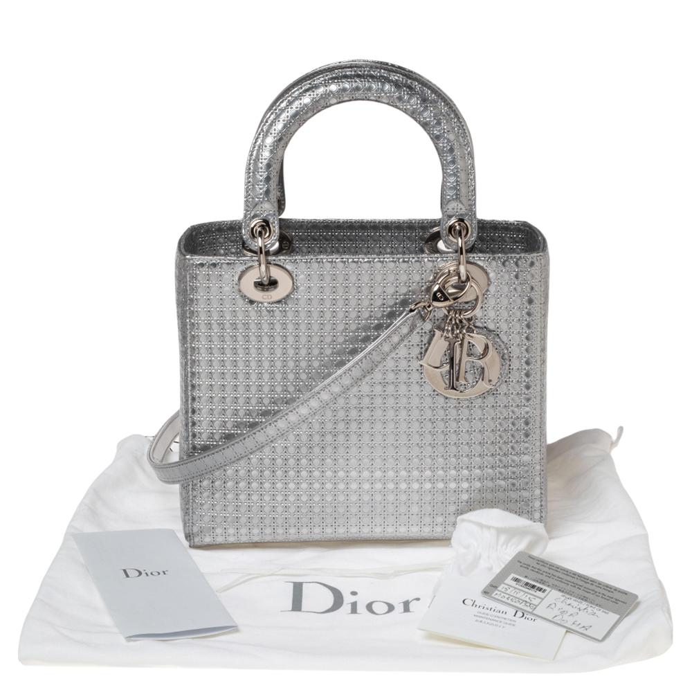 Dior Metallic Silver Micro Cannage Patent Leather Lady Dior Tote 5