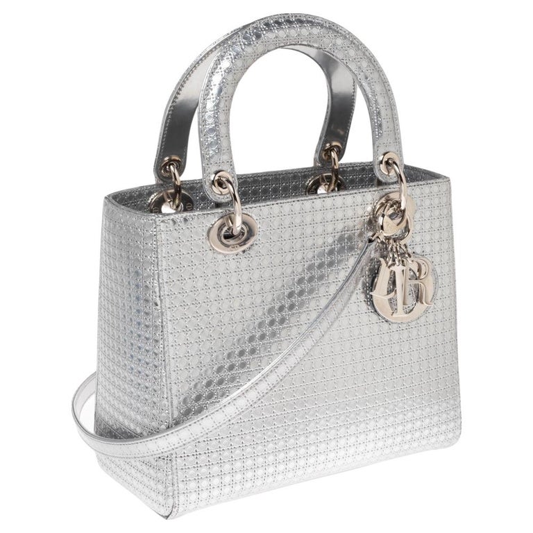 Dior Metallic Silver Micro Cannage Patent Leather Lady Dior Tote at 1stDibs