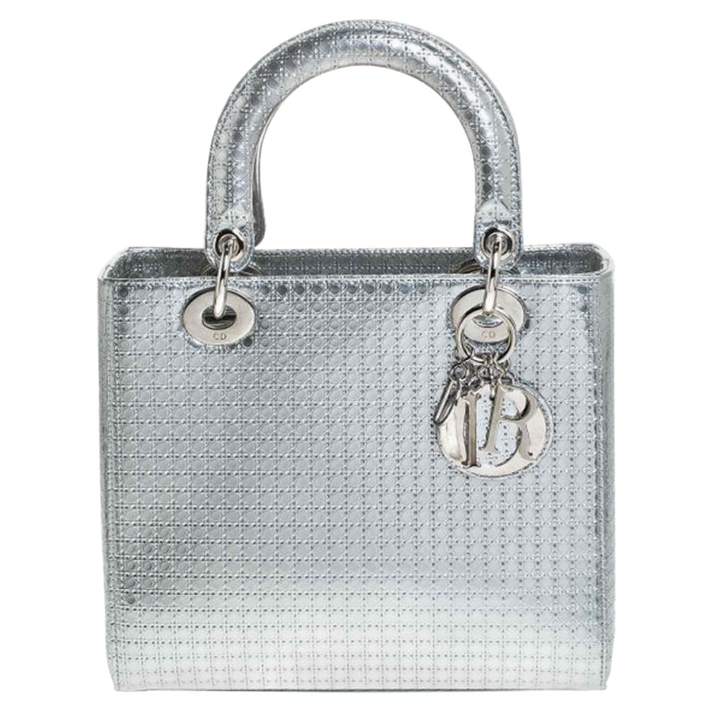 Dior Metallic Silver Leather Small My Lady Dior Tote at 1stDibs