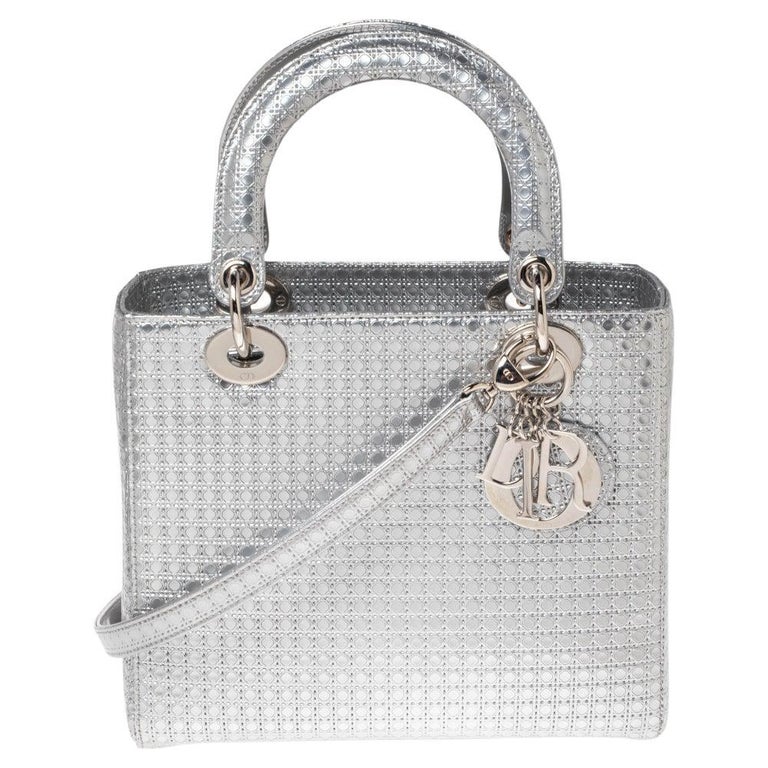 Dior Metallic Silver Micro Cannage Patent Leather Lady Dior Tote at 1stDibs