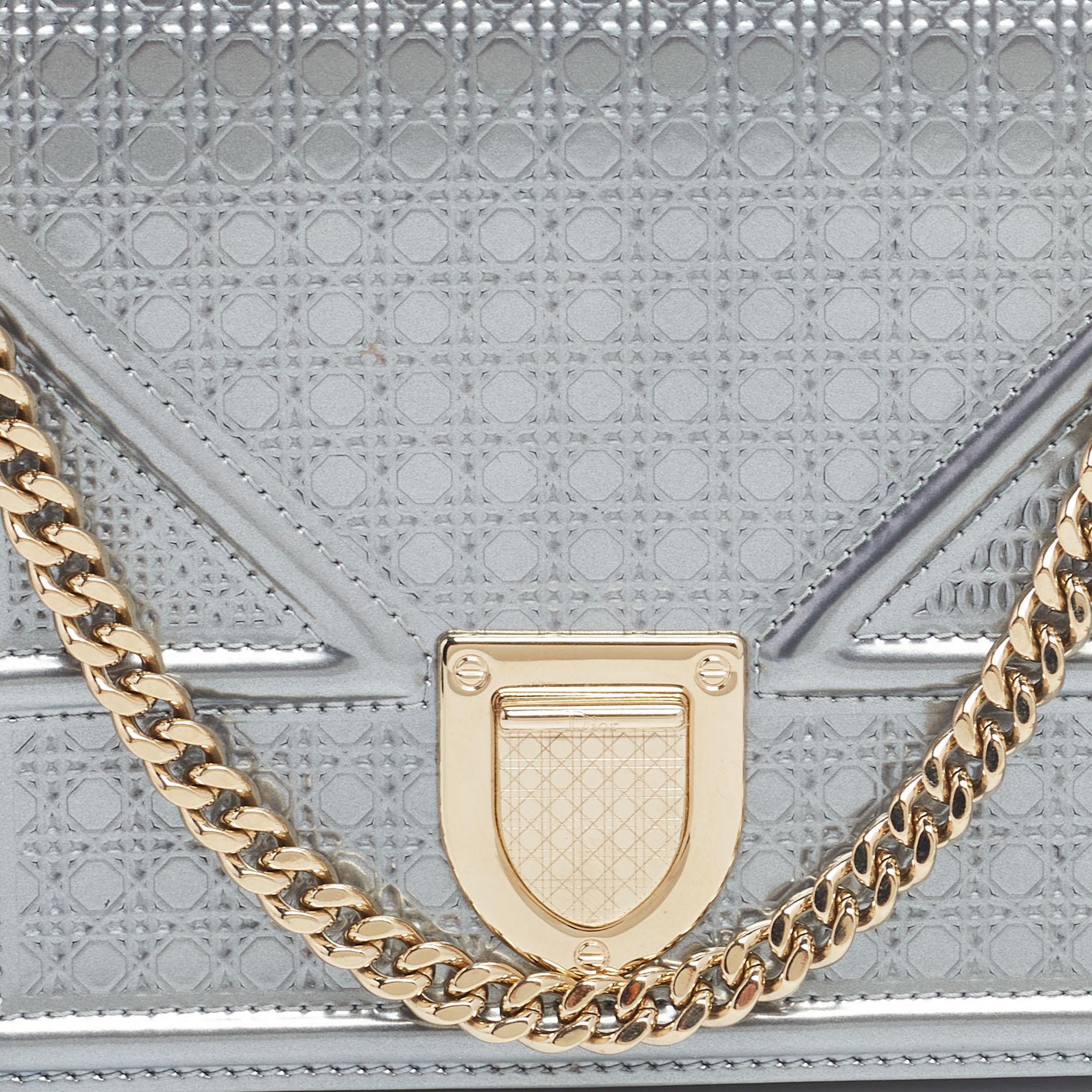 Dior Metallic Silver Micro Cannage Patent Leather Mini Diorama Chain Bag 3