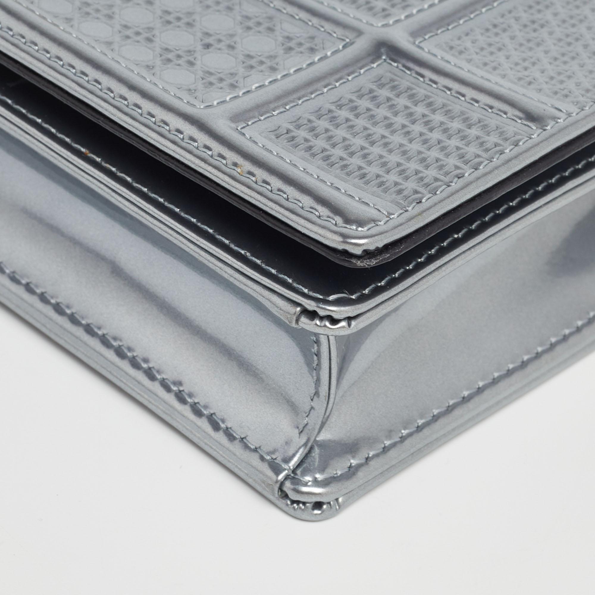 Dior Metallic Silver Micro Cannage Patent Leather Mini Diorama Chain Bag 5