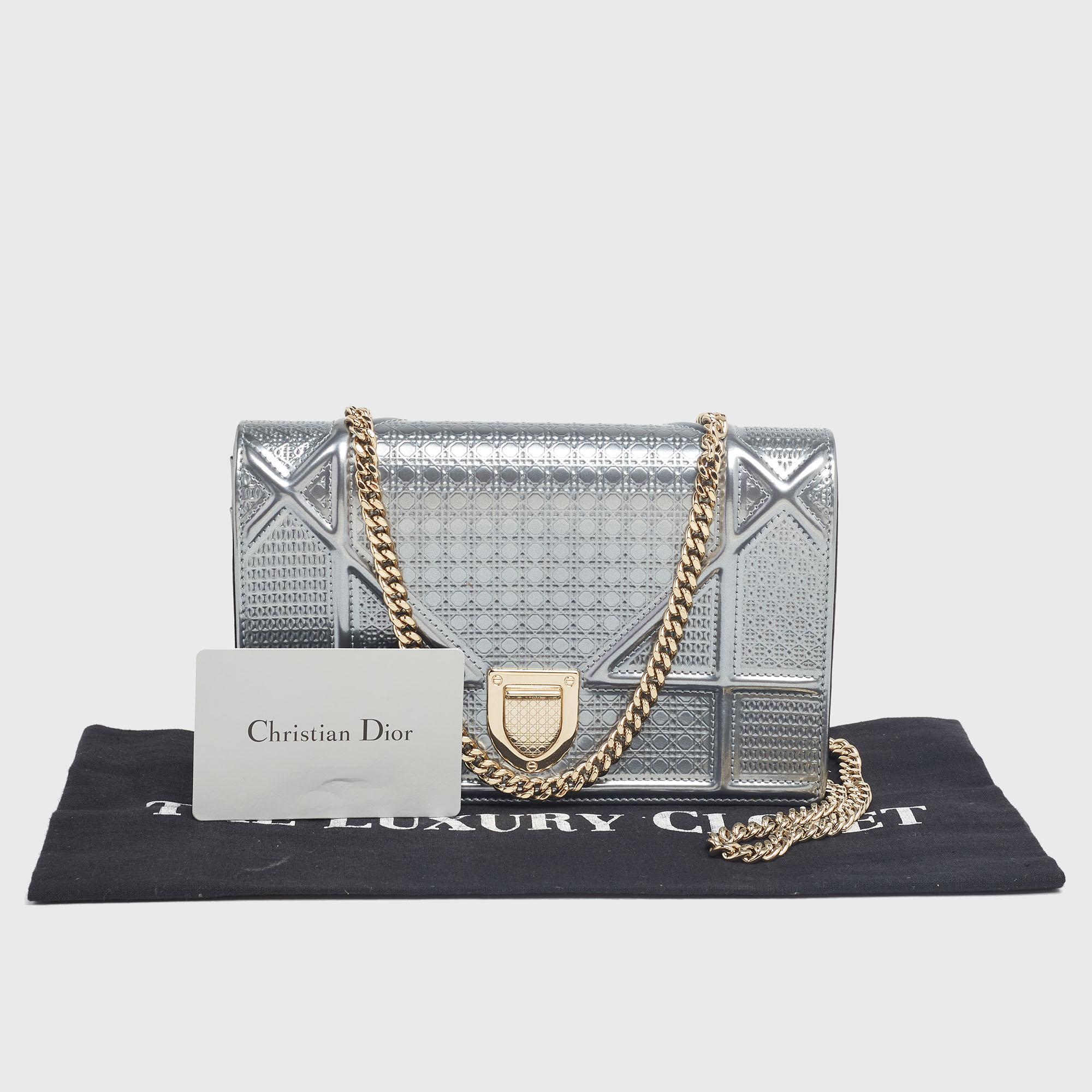 Dior Metallic Silver Micro Cannage Patent Leather Mini Diorama Chain Bag 5