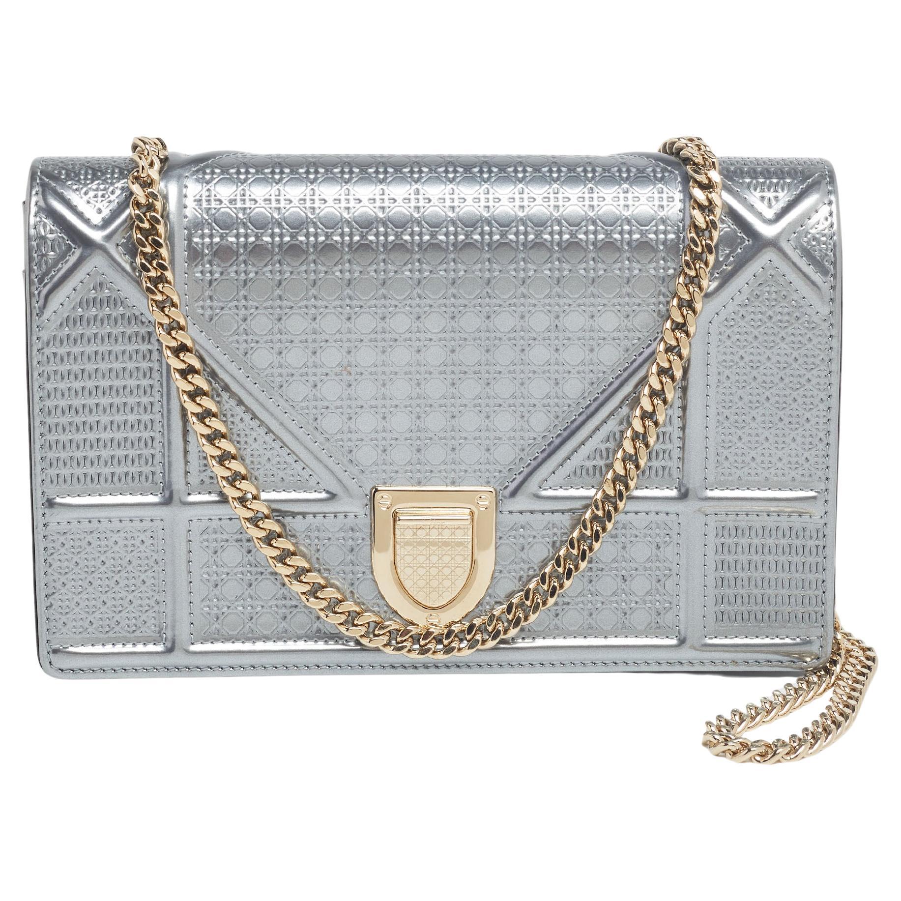 Dior Metallic Silver Micro Cannage Patent Leather Mini Diorama Chain Bag