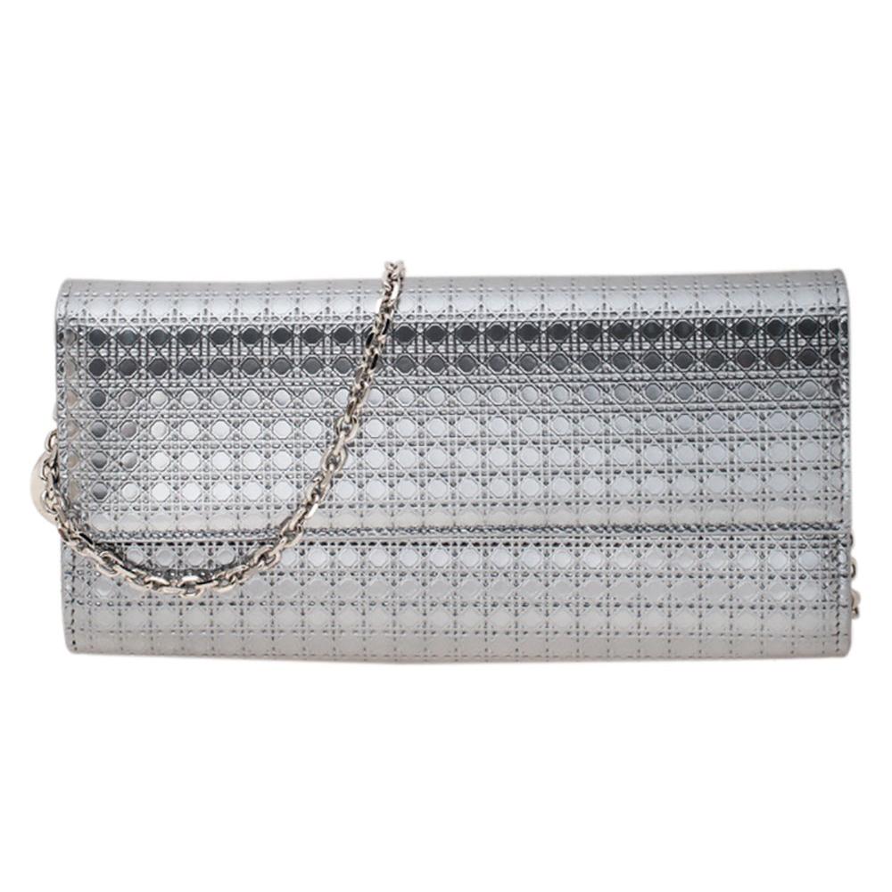 Dior Metallic Silver Microcannage Patent Leather Croisiere Wallet On Chain