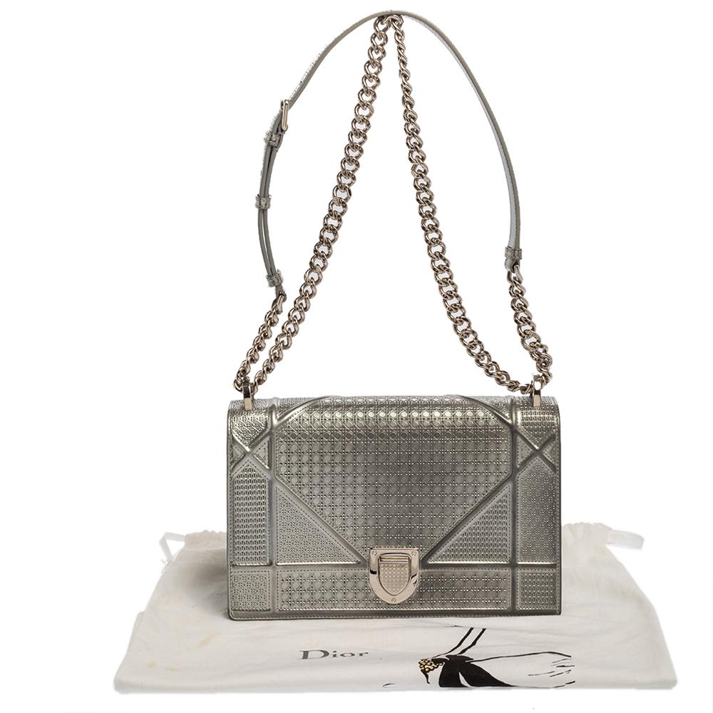 Dior Metallic Silver Microcannage Patent Leather Medium Diorama Shoulder Bag 8