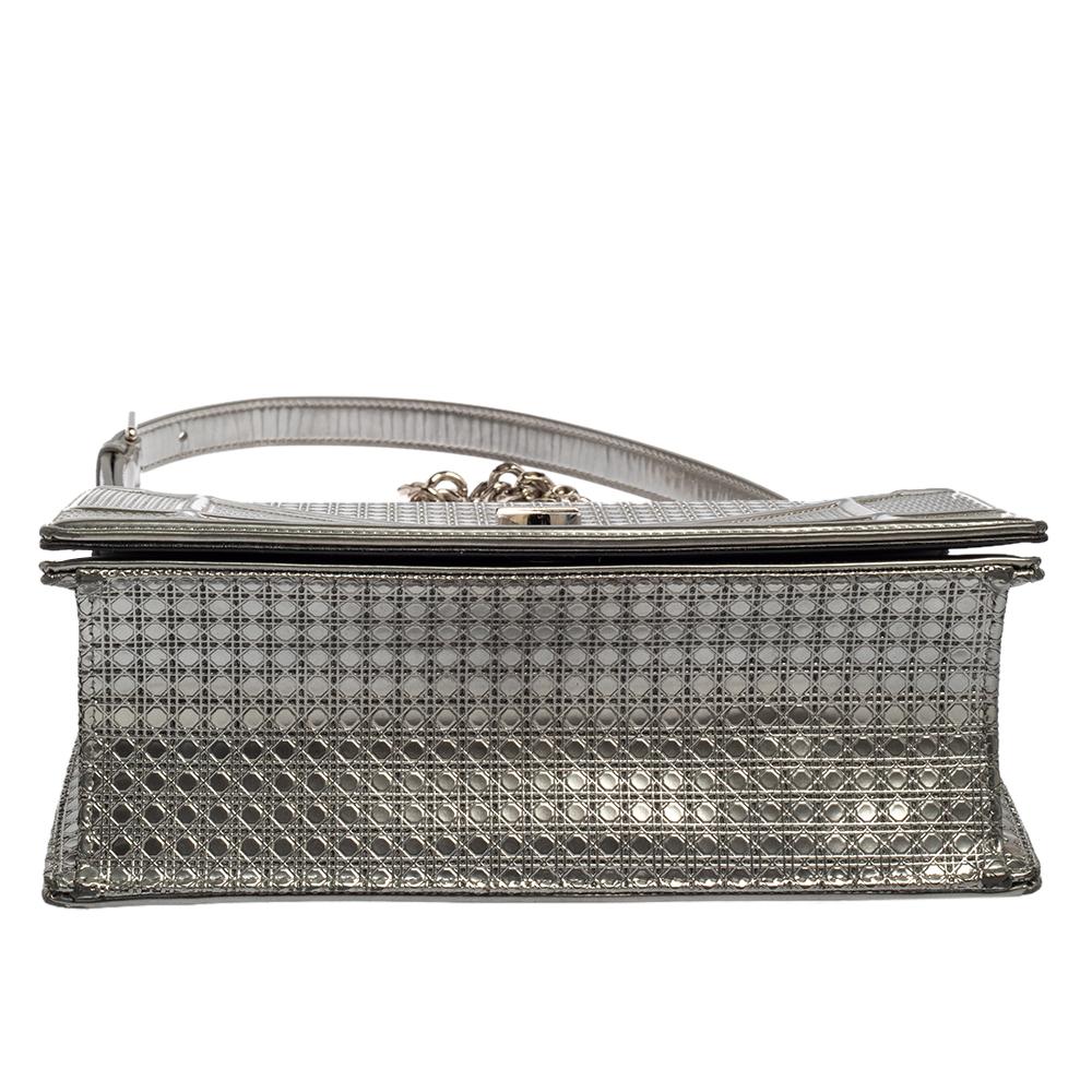 Women's Dior Metallic Silver Microcannage Patent Leather Medium Diorama Shoulder Bag