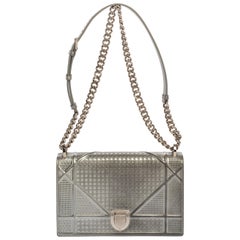 Dior Metallic Silver Microcannage Patent Leather Medium Diorama Shoulder Bag