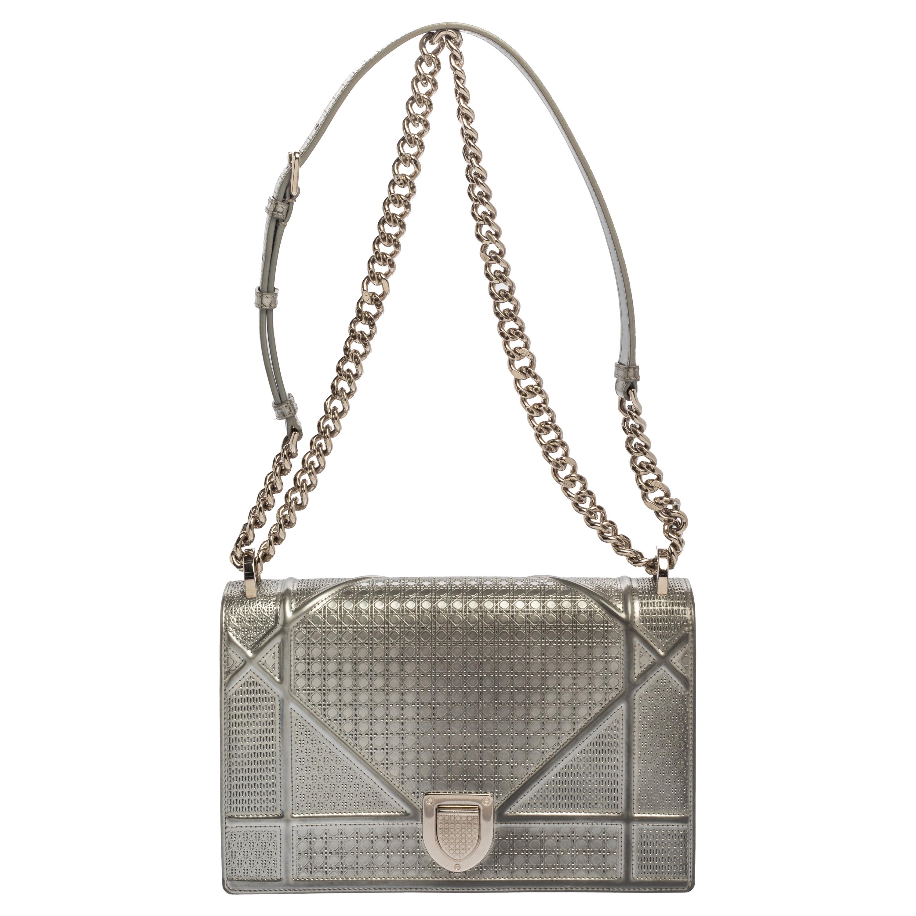 Dior Metallic Silver Microcannage Patent Leather Medium Diorama Shoulder Bag  at 1stDibs
