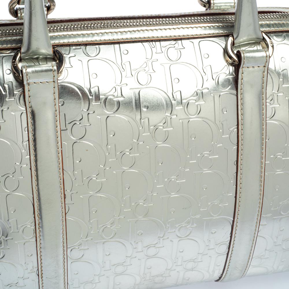 Dior Metallic Silver Oblique Monogram Leather Boston Bag 5
