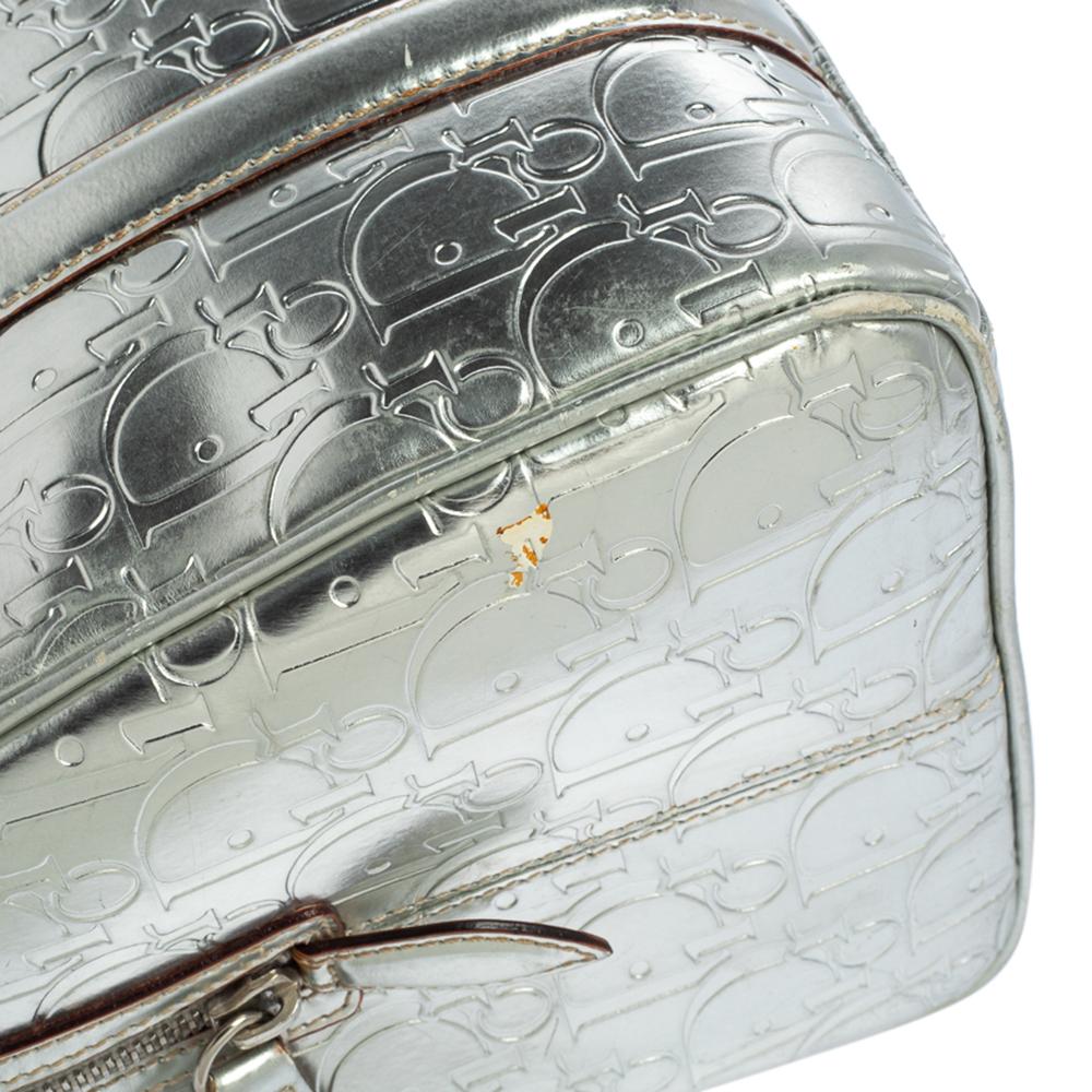 Dior Metallic Silver Oblique Monogram Leather Boston Bag 9
