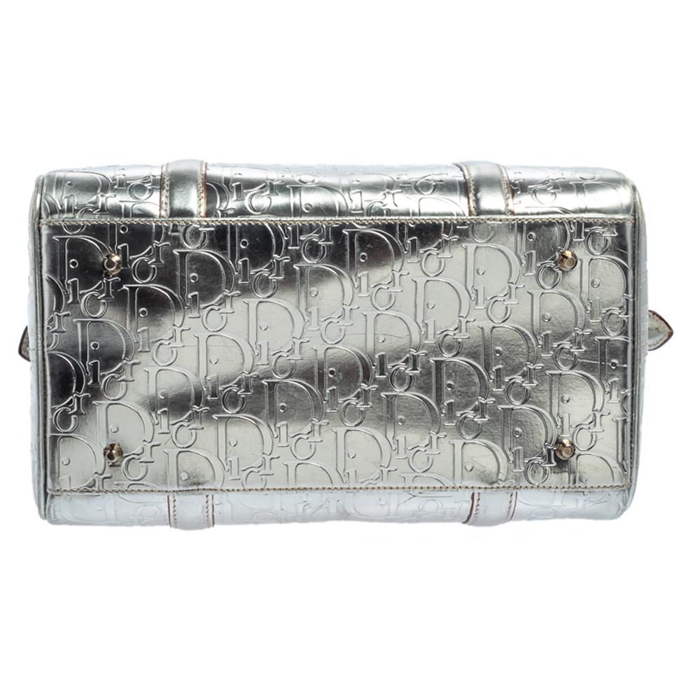 Dior Metallic Silver Oblique Monogram Leather Boston Bag 7