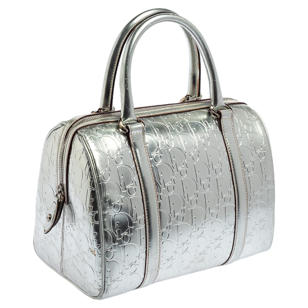 Women's Dior Metallic Silver Oblique Monogram Leather Boston Bag