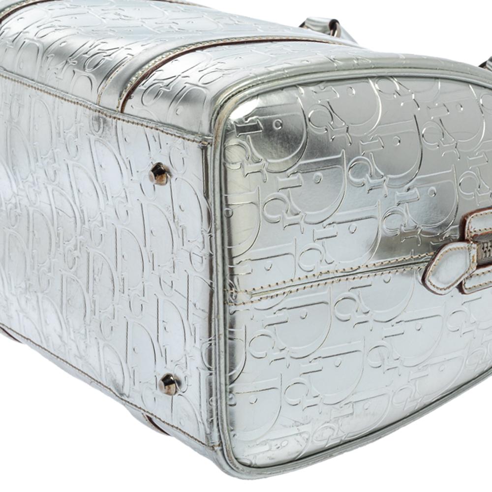 Dior Metallic Silver Oblique Monogram Leather Boston Bag In Good Condition In Dubai, Al Qouz 2